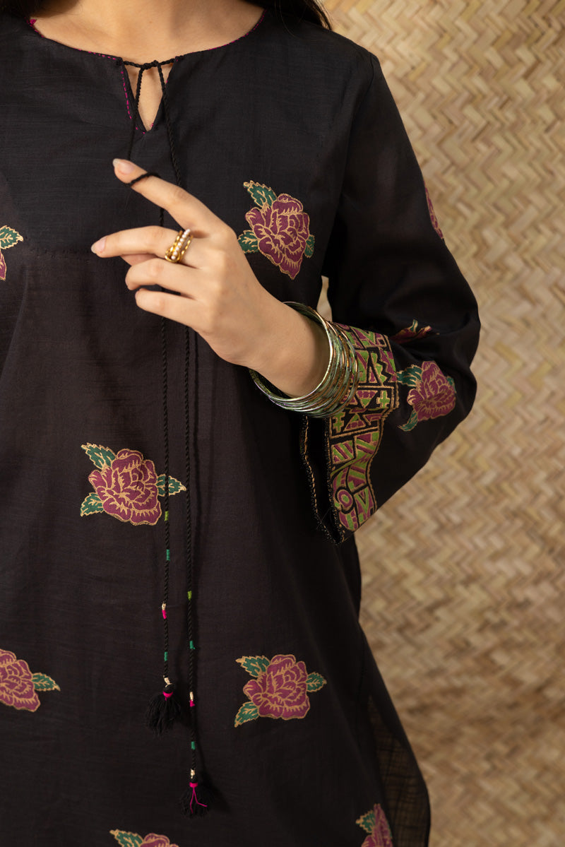 Hand-Block Printed Rose Shirt