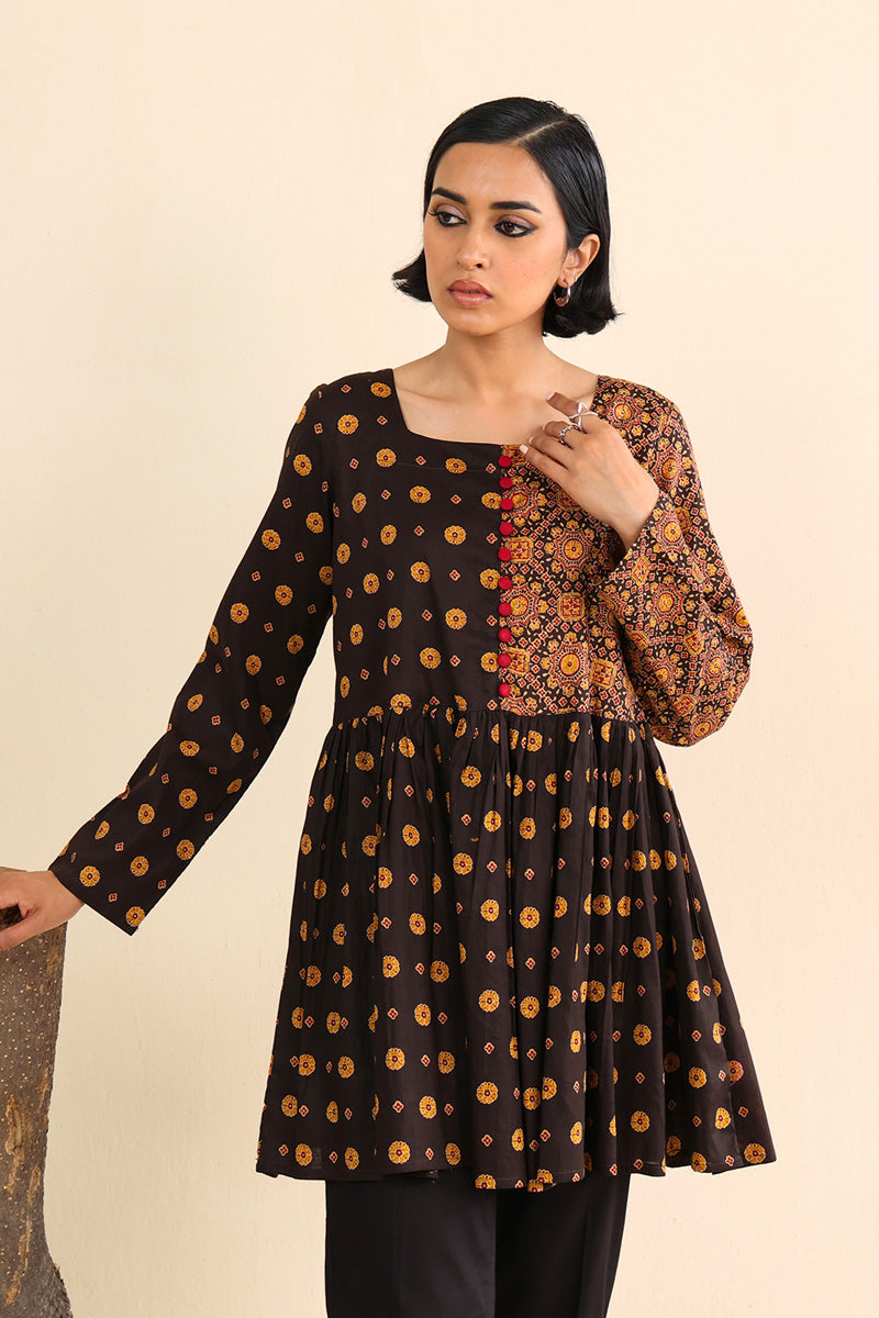 ajrak ladies dress Rust Ajrak Square And Stripes Block Printed Dress Mighty Threads