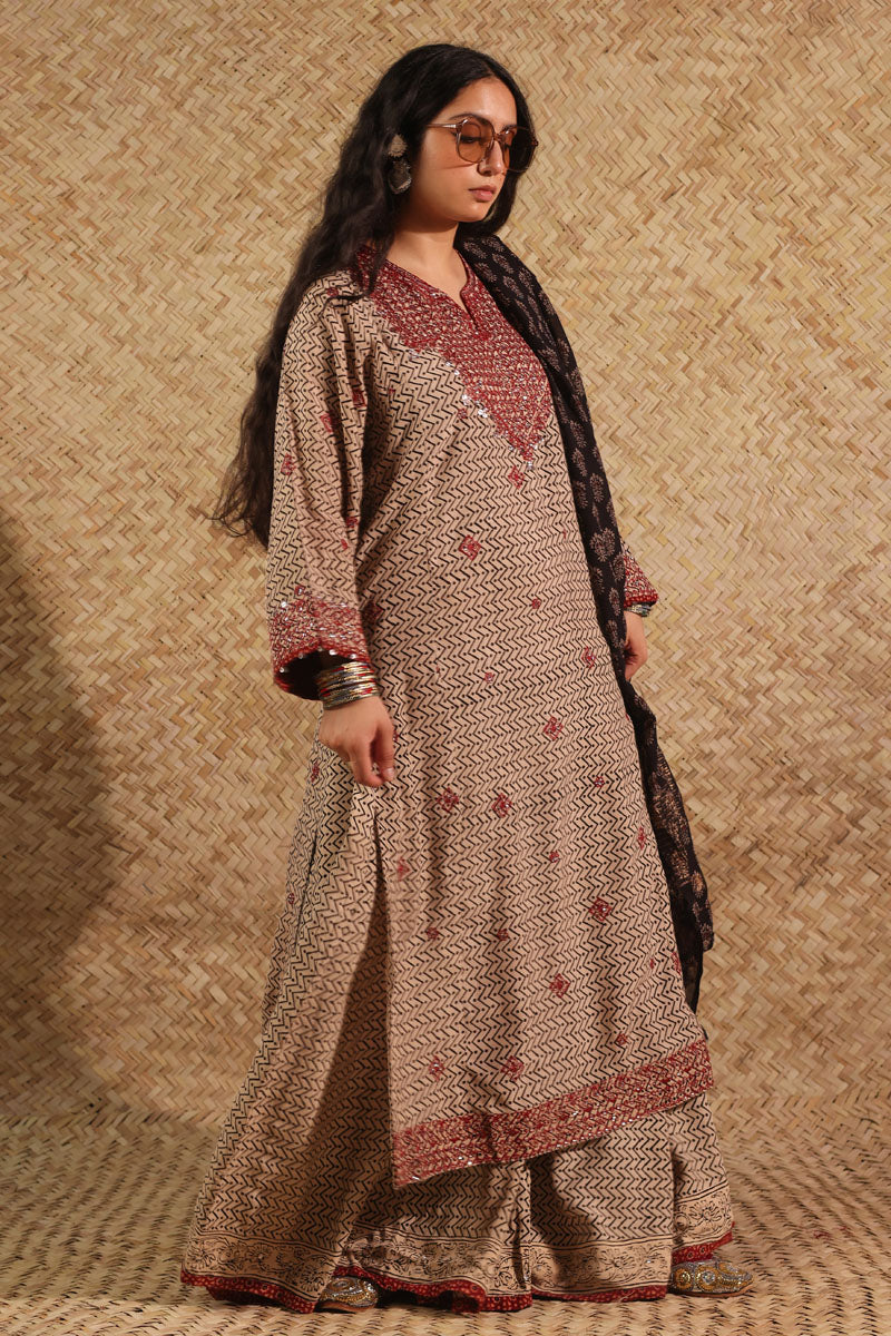 Ajrak Chevron Embroidered Ensemble