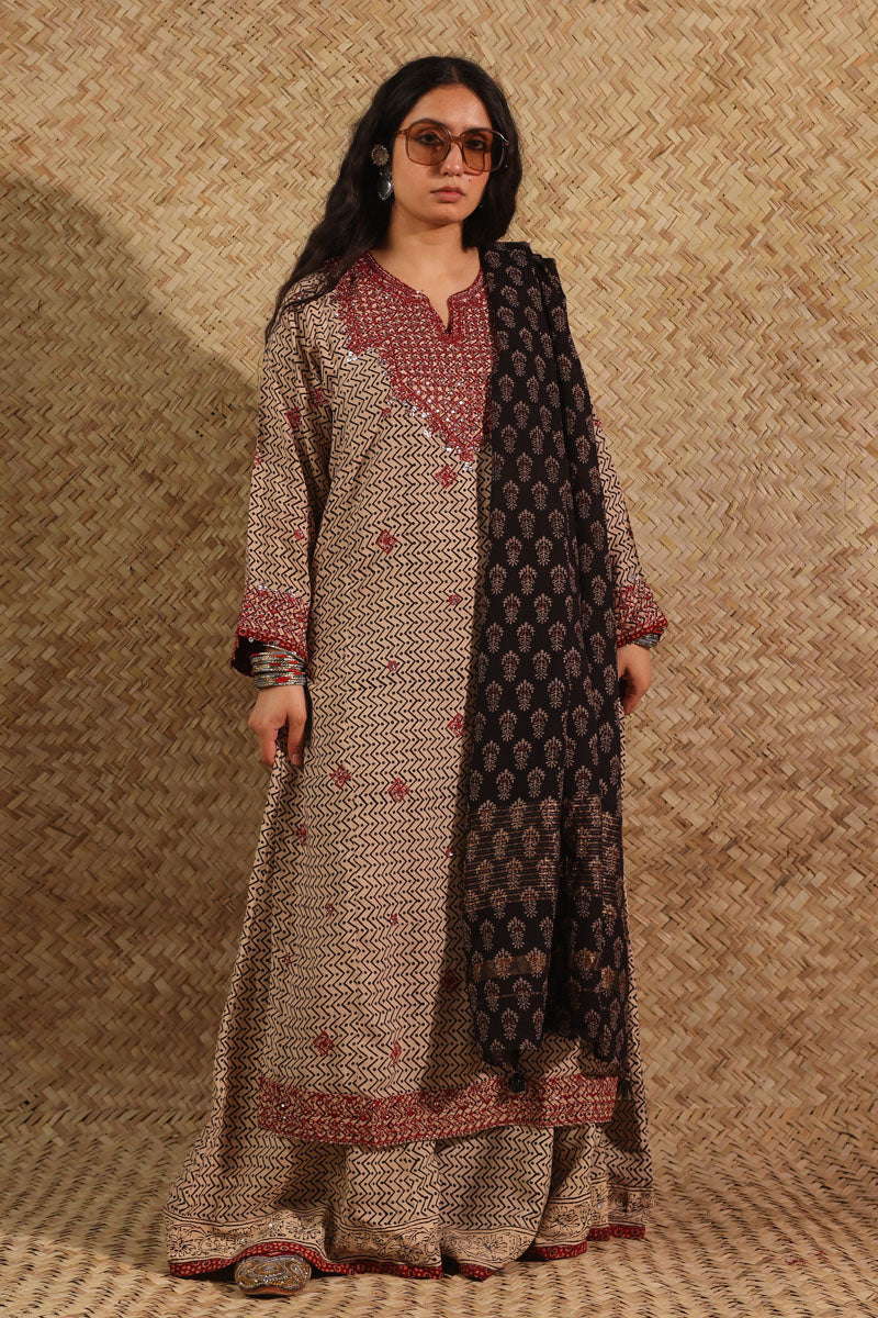 Ajrak Chevron Embroidered Ensemble